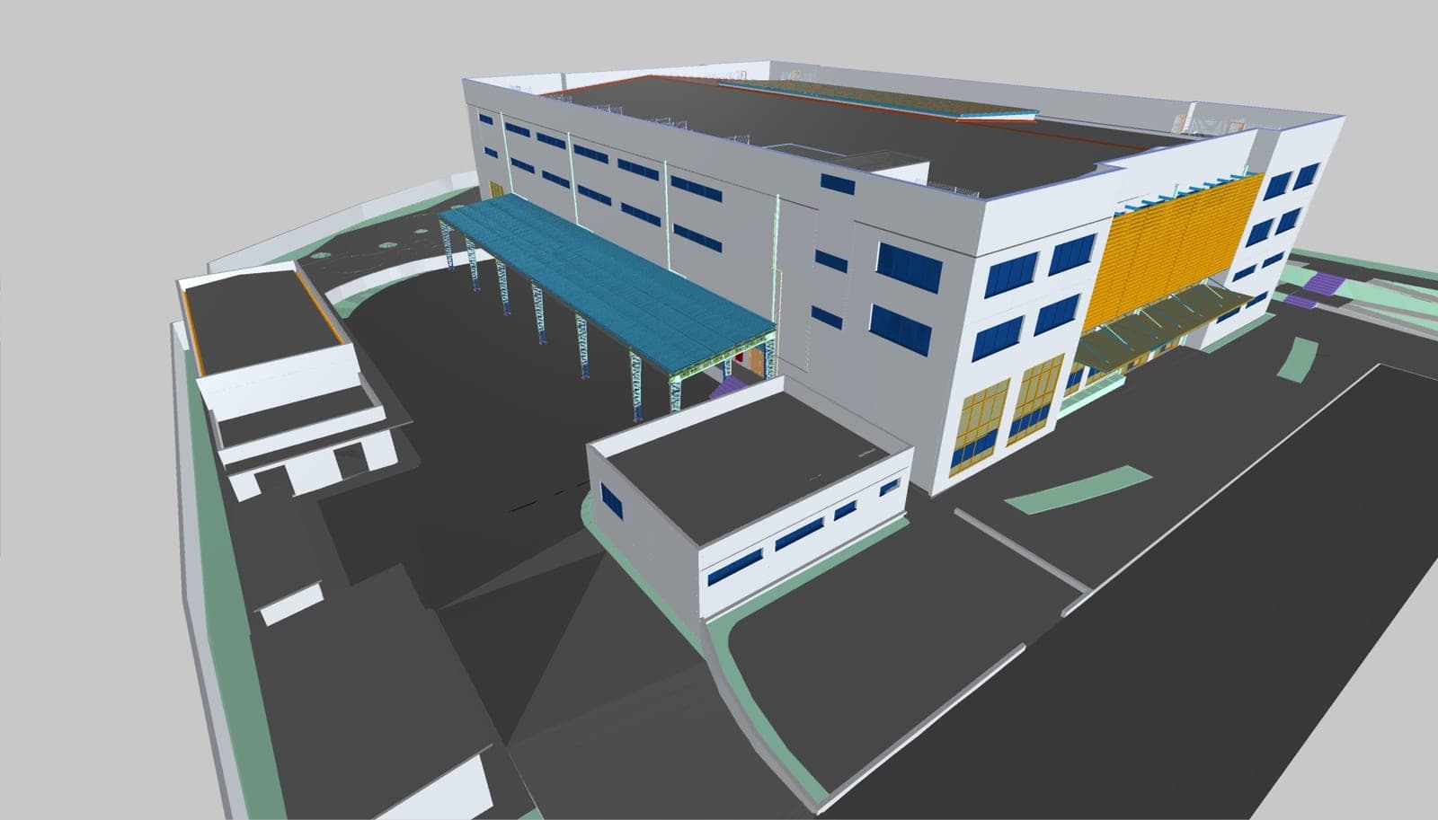 Modelo BIM da arquitetura do centro comercial — estrutura, fachada e cobertura.