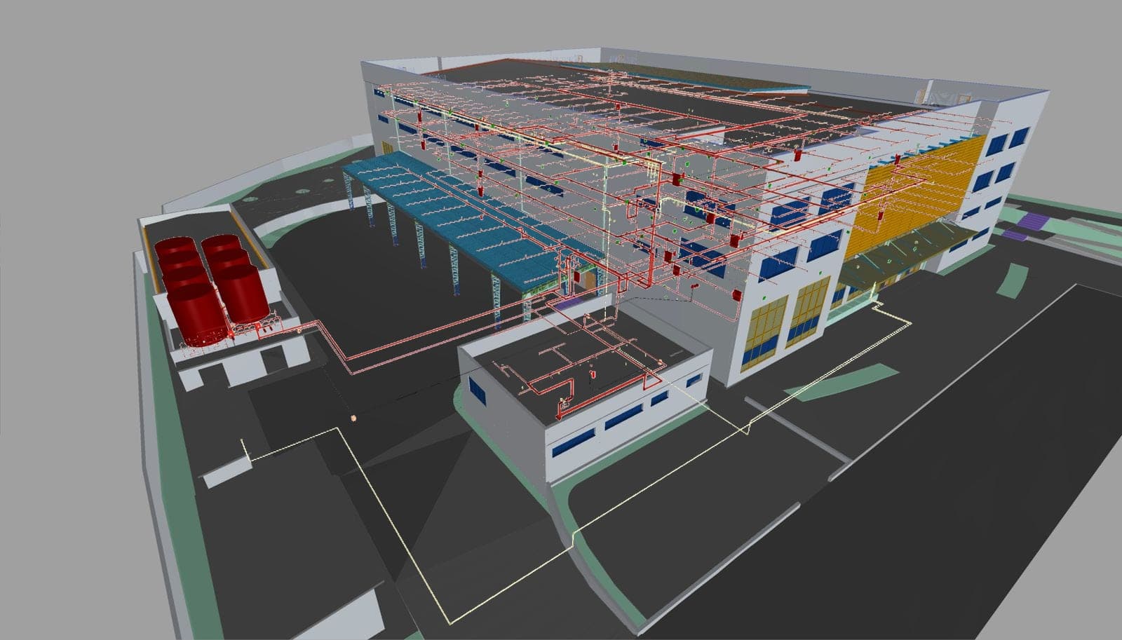 Rede do projeto preventivo do centro comercial — tubulação de hidrantes e chuveiros automáticos, reservatórios e central de GLP.