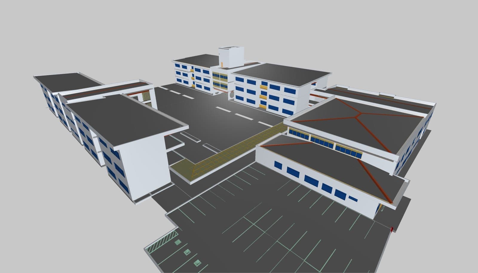 Modelo BIM da arquitetura da escola — blocos de salas, circulação e cobertura.